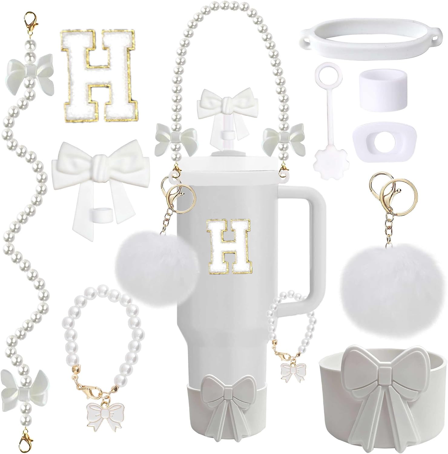 Accessories Set for Stanley Cup 30&40oz, Bow Strap, Boot & Toppers White H