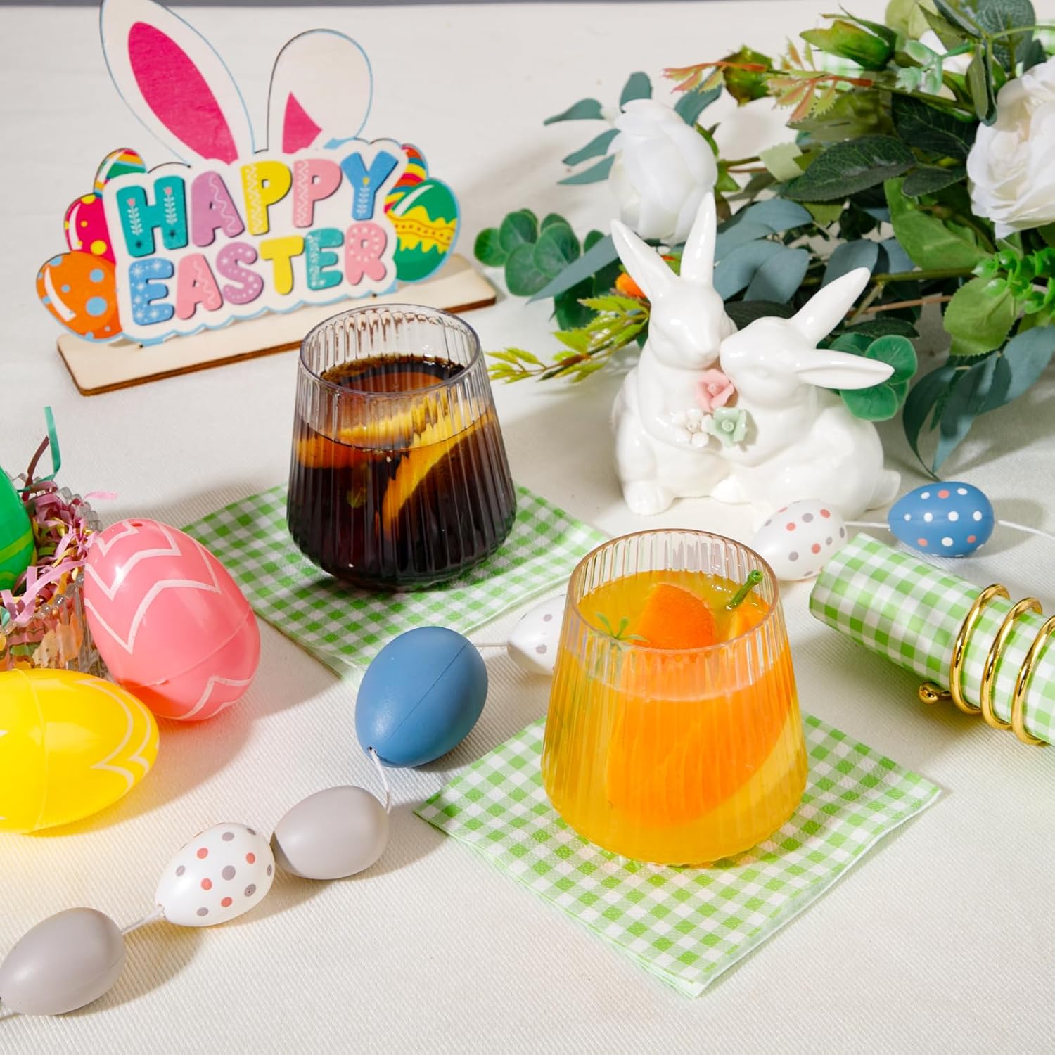 FLOWERCAT 100-Count 2-Ply Green Checkered Cocktail Napkins Gingham &FLOWERCAT 60PCS Light Blue Heavy Duty Plastic Disposable Party Plates Set – 30pcs 10.25″ Dinner & 30pcs 7.5″ Dessert Plates – Durabl