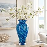 Green Glass Vase 30cm Tall Beautiful Mouth Blown Glass Vase for Home Decoration, Wide Opening, Colorful Vases for Fireplace, Dining Table, Centerpieces, Entryway, Living Room