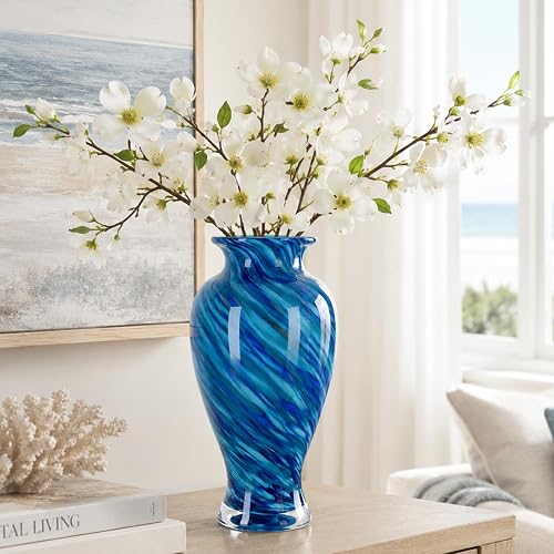 11.8" Tall Glass Vase Beautiful Hand Blown Glass Vase Modern Art Home Decor, Wide Mouth Colorful Vases for Mantle Dining Table Centerpiece, Entryway Living Room Wedding Decoration (Deep Blue)