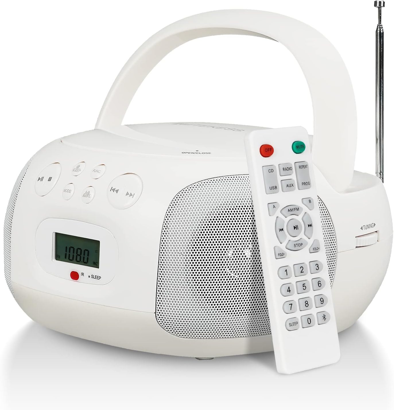 Retekess TR636 Boombox CD Player, CD Boombox AM FM Radio, Bluetooth, Remote Control, USB, AUX, LCD Display, AC or Battery Powered, Stereo System for Home