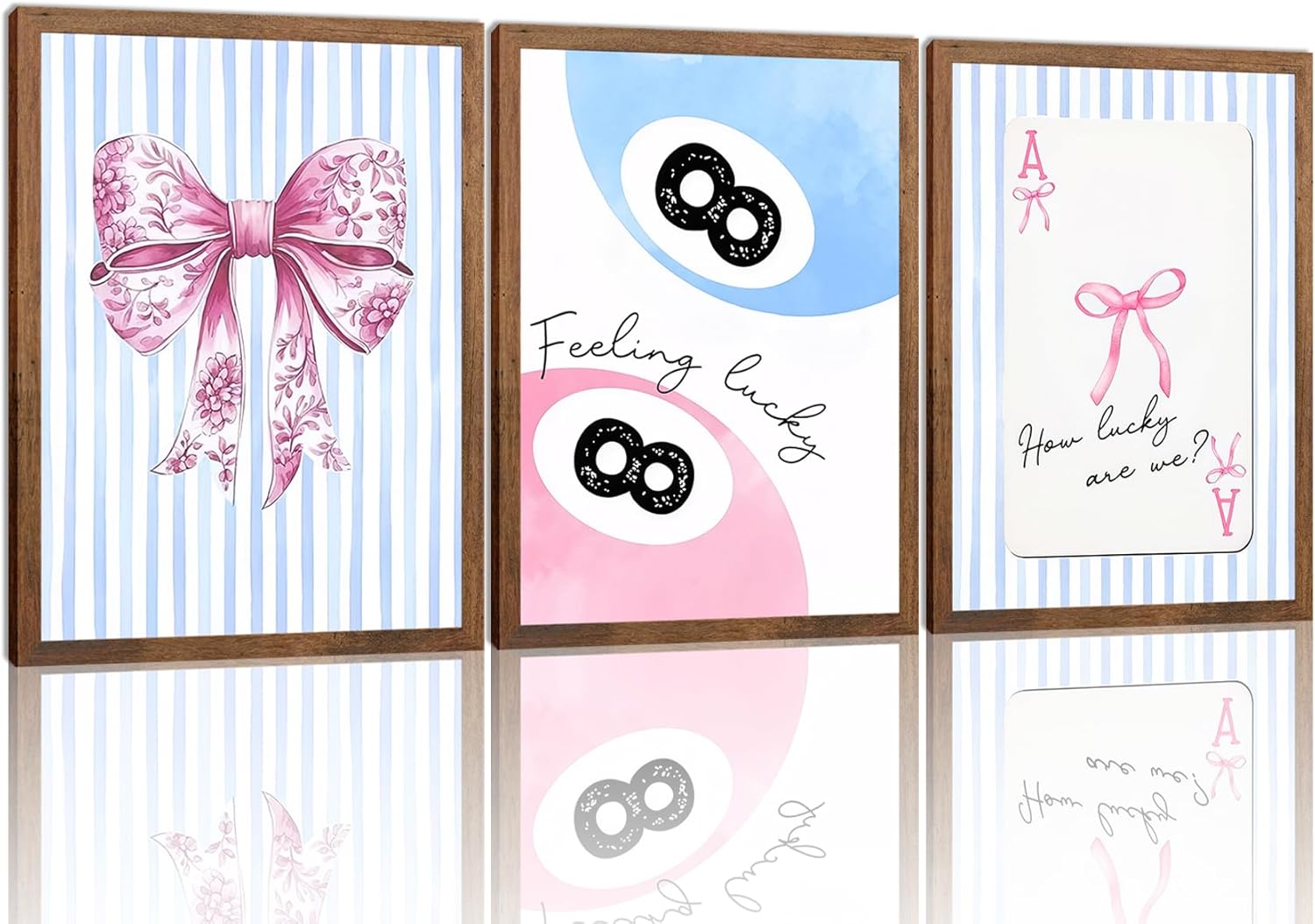 Pink And Blue Coquette Preppy Wall Art Set of 3, Funny Cute Bow Poker 8 Ball Posters, Aesthetic Canvas Decor Painting for Bathroom, Living Room, Dorm, Home Decor 16x12In Framed