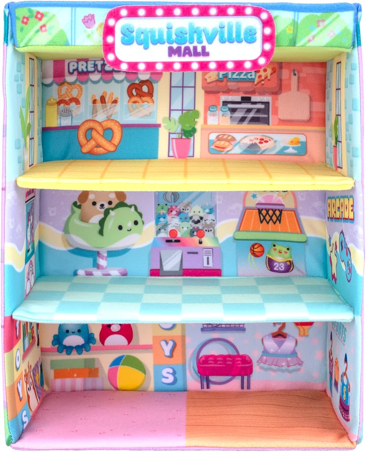 Squishville by Squishmallows SQM0158 Mall-Two 2” Mini-Squishmallow Plush Characters, Themed Play Scene, Plus 4 Accessories Bag, Shopping Cart, Cash Register, Arcade Machine, Multi