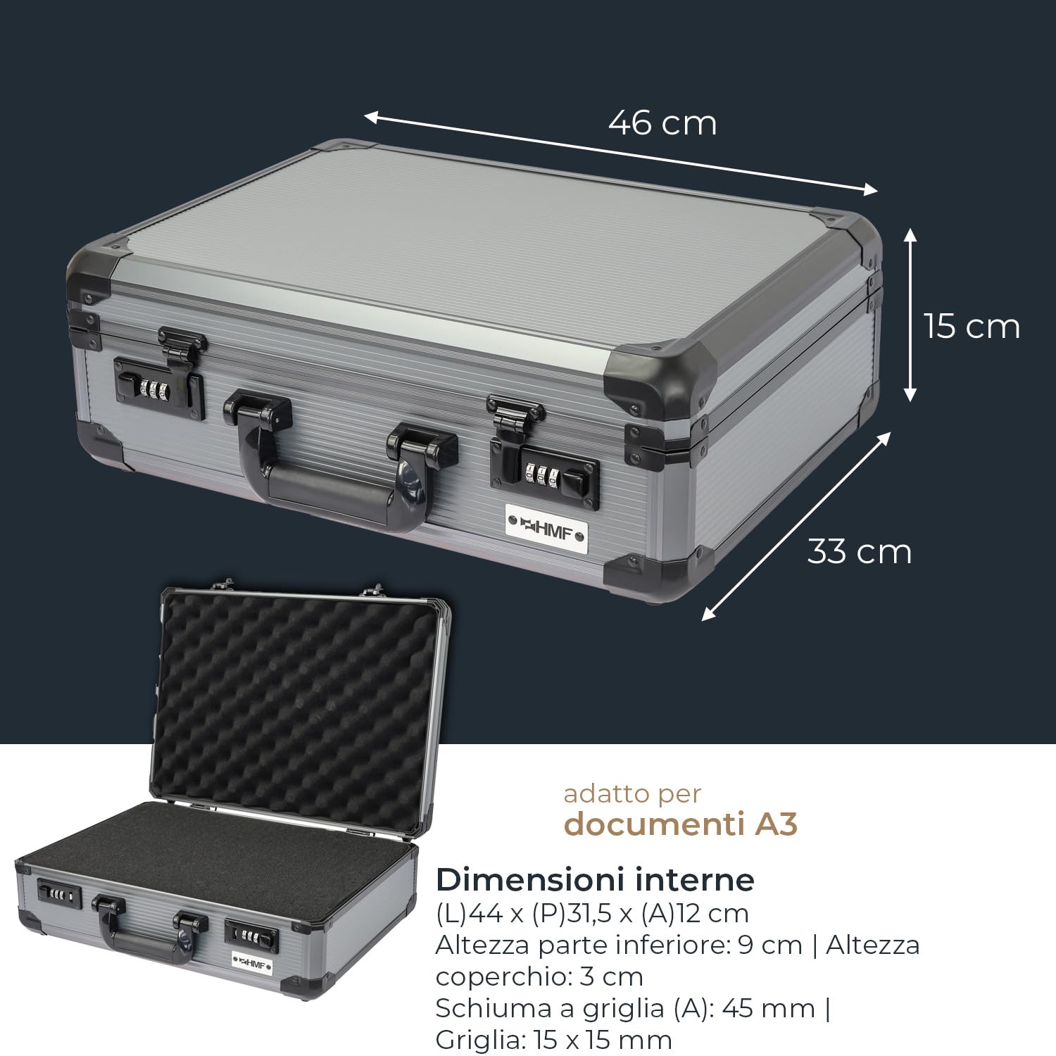 HMF 14402-02 Valigetta per Fotocamera in Alluminio, Custodia per Pistole con Schiuma Raster | 46 x 33 x 15 cm
