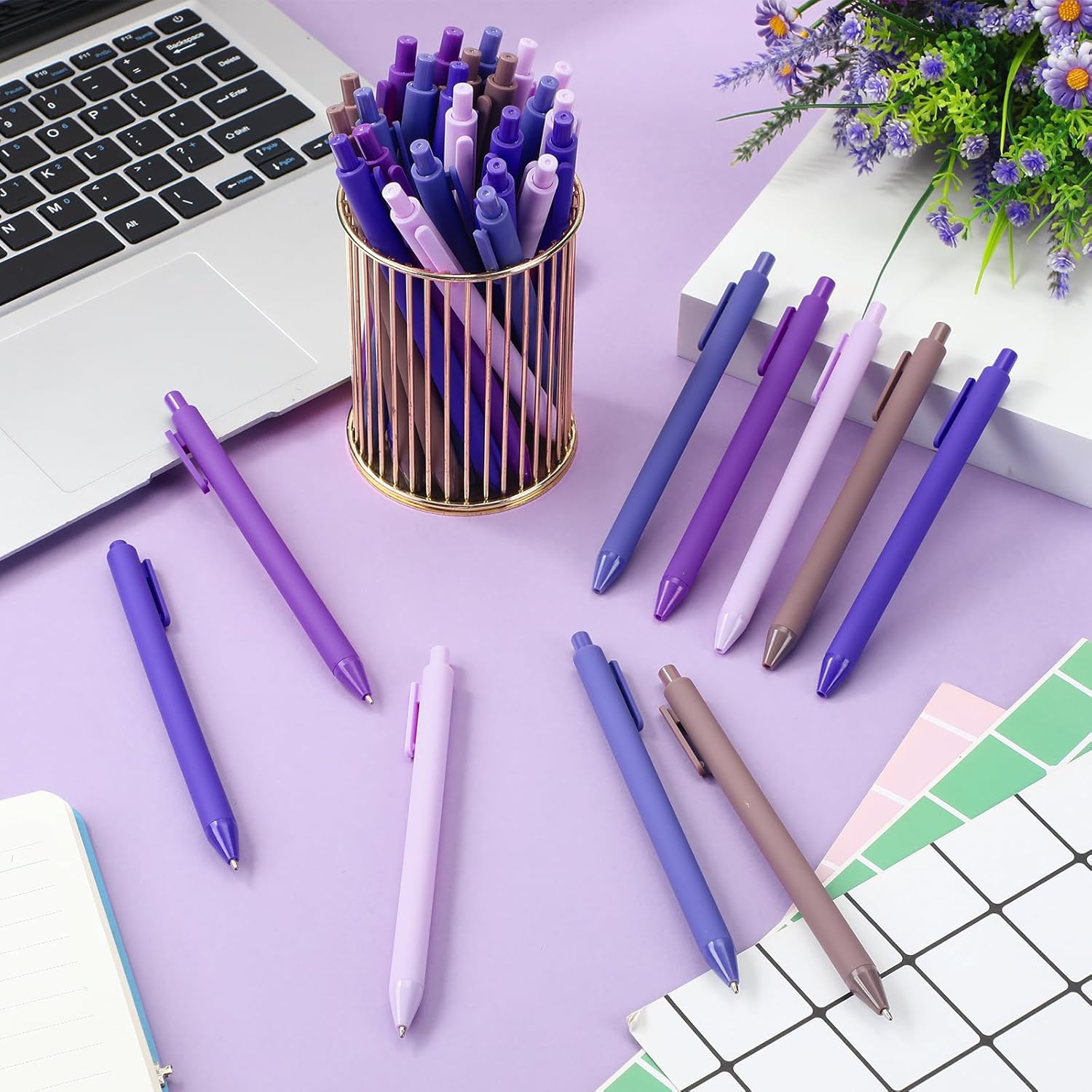 100 Pcs Ballpoint Pens Bulk Retractable Writing 1. 0 mm Black Ink Cute Pens Smooth Writing Color Fancy Gift for Teacher Student Employee Office School Home Baby Shower Supplies (Purple Series)