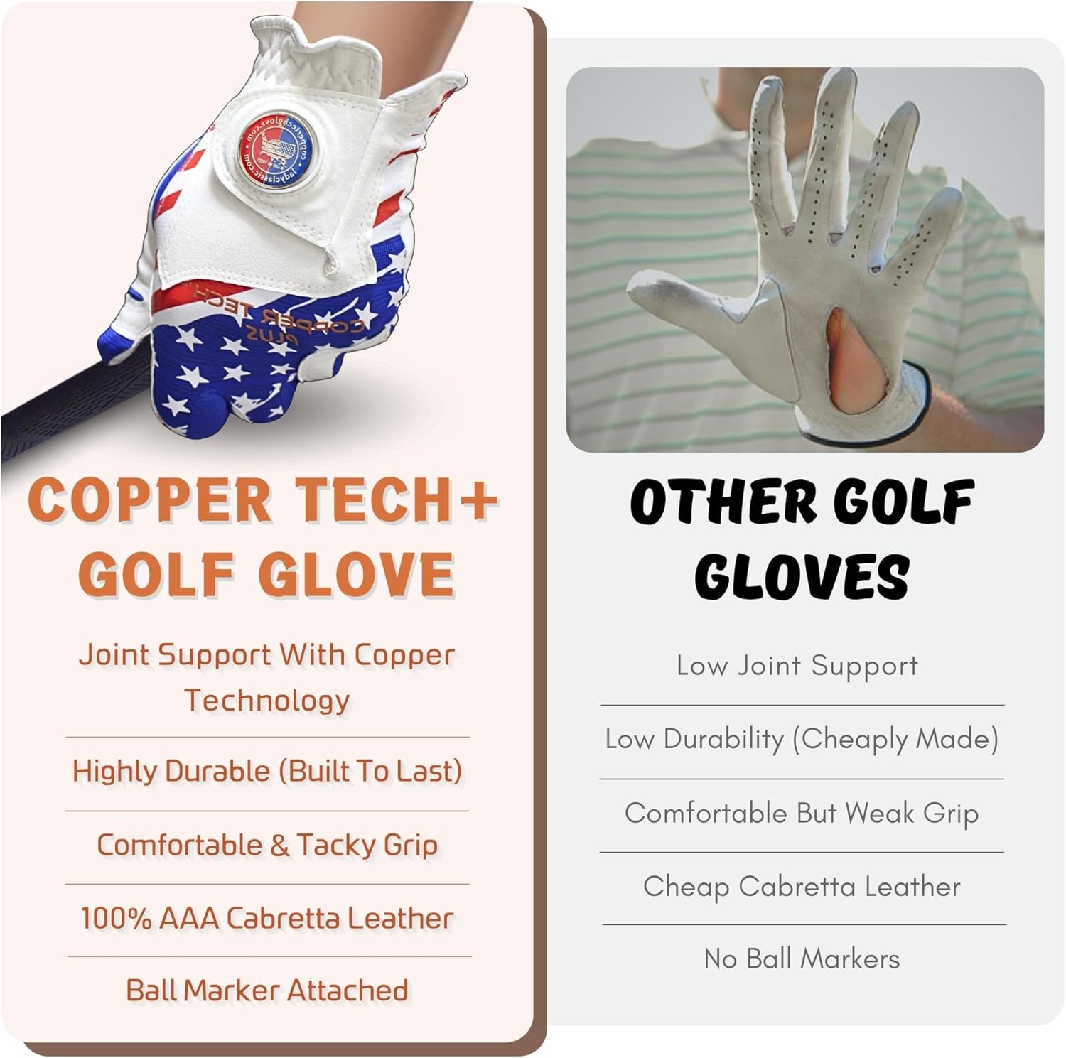 Copper Tech Plus Women's Golf Gloves – Patriotic National Flag Pattern with Ball Marker –Premium Copper Infused Womens Golf Gloves