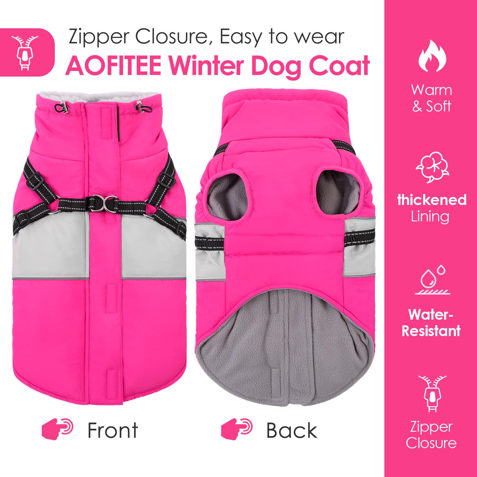AOFITEE Abrigo para Perro pequeño, Abrigo de Invierno para Perro con arnés Integrado, Chaqueta cálida para Perros con Cremallera y Cuello de Forro Polar, Chaqueta de Nieve Impermeable para Mascotas