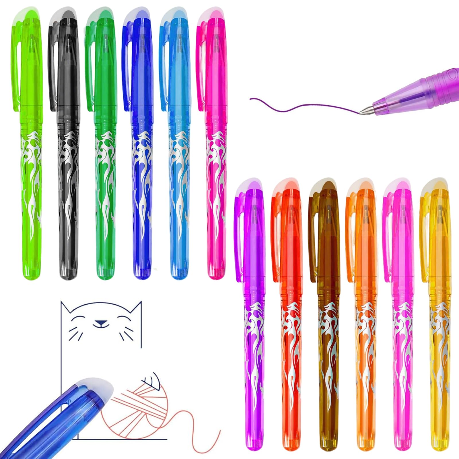 ZYEKIU 12 Pieces Erasable Pens Rub Out Pens, with Eraser on The Cap, Coloured Gel Set for Kids or Adults, 0.5mm Tip Stationery Gift, Fine Friction Writing Supplies for School Office Notebook