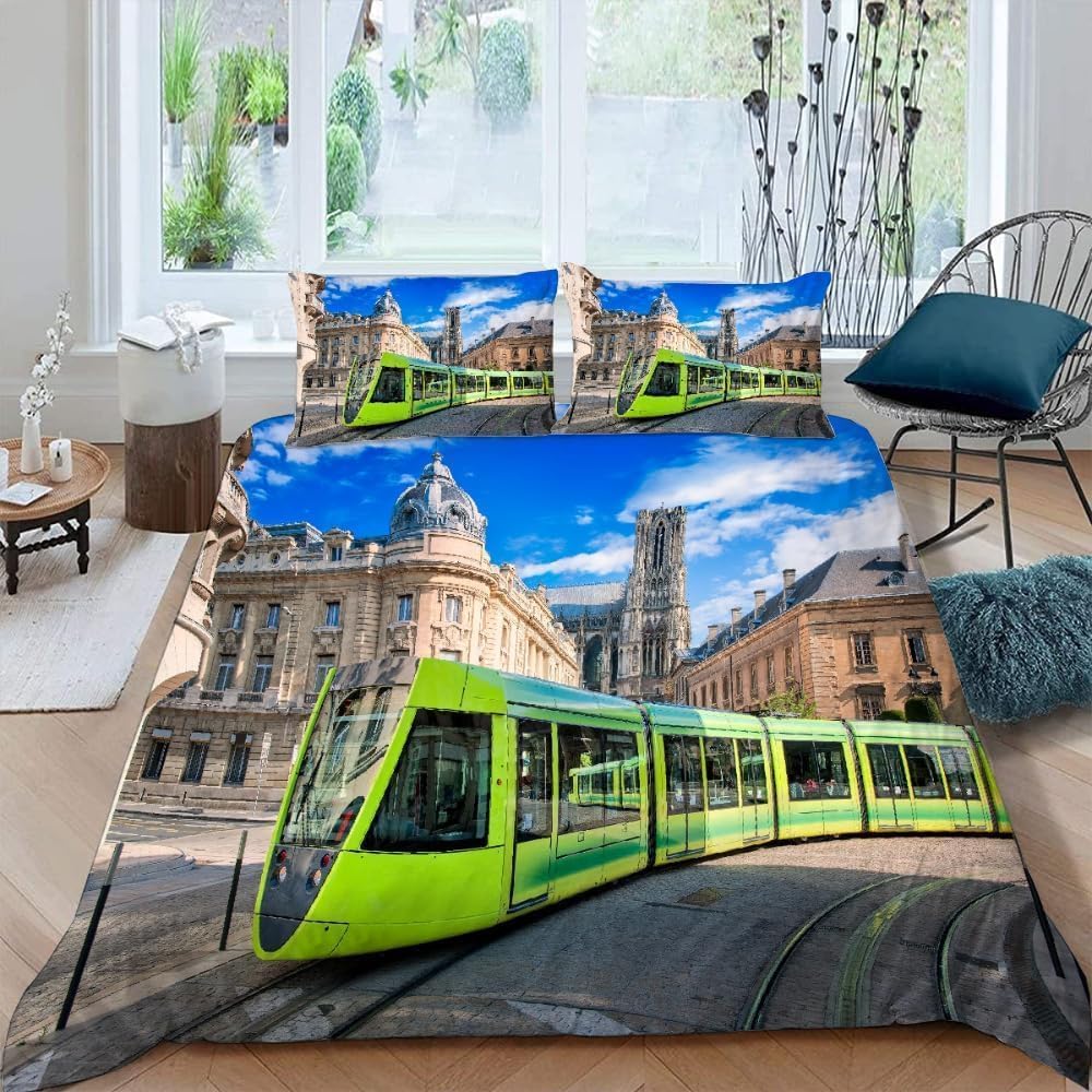 Housse de Couette Train Vert 200x200 : Solution lit 2 personnes microfibre avec fermeture éclair