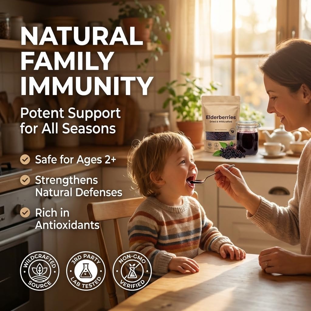 Dried Elderberries - 1lb Bulk - Hand-Sorted, Wildcrafted, Natural, Non-GMO, Whole European Immune System Support for Black Elderberry Syrup, Gummies, Jelly, Tea, Wine, Raw Sambucus, One Pound