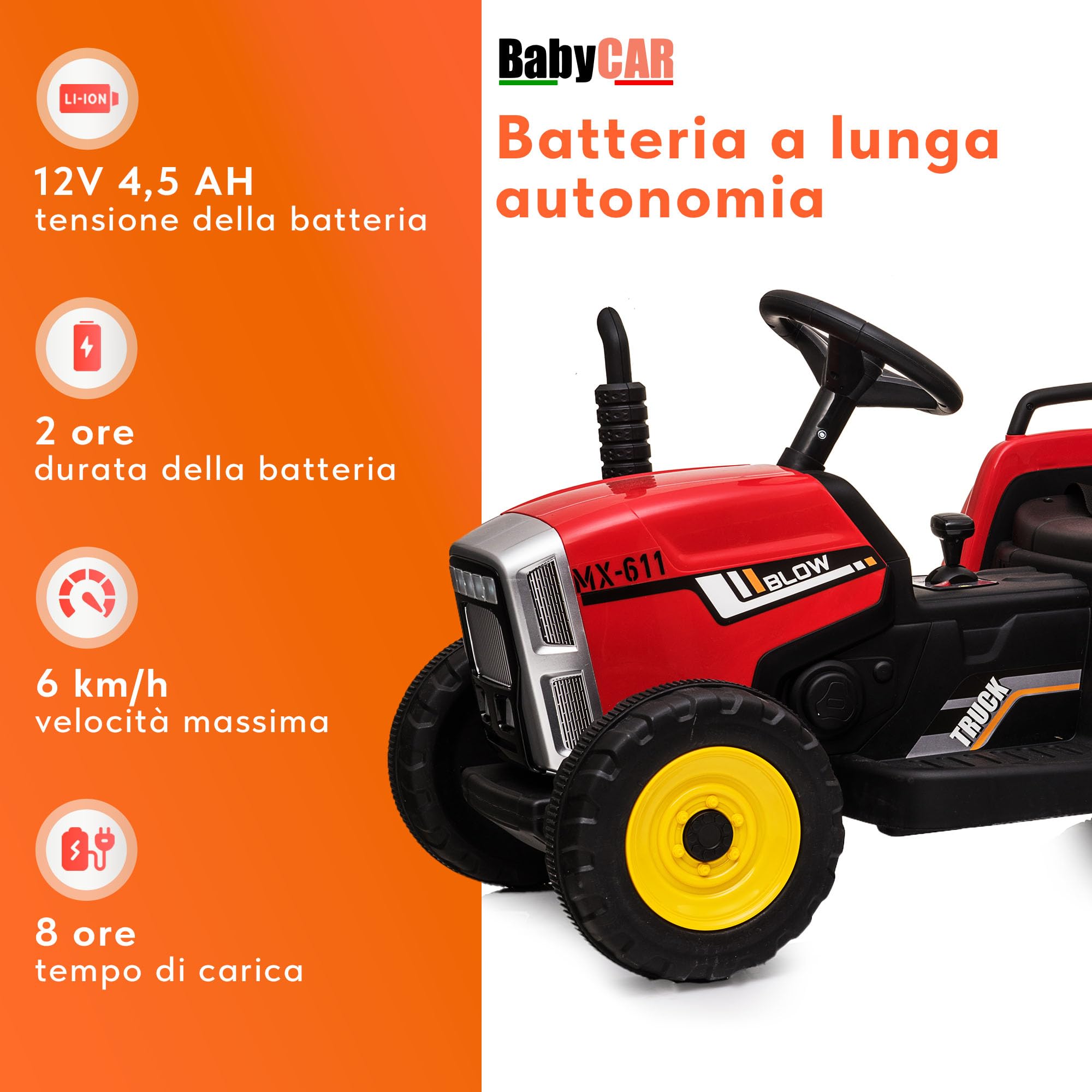 BABYCAR Trattore Elettrico per Bambini con Rimorchio (Rosso) – Macchina elettrica per Bambini, Batteria 12V, 2 motori, Trattore Elettrico con Luci e Telecomando