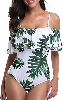 Women One Piece Bathing Suit Printed Shoulder Straps Ruched Swimwear Bikini S.