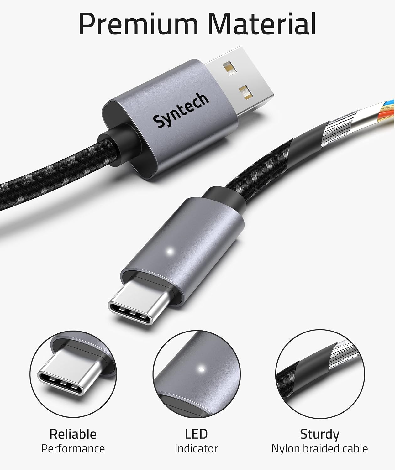 Syntech USB C Cable [3 Pack, 6.6ft] USB C Charger Cables, USB A to USB C Charging Cable USB Type C 3A Fast Charge Cable Compatible with Samsung Galaxy S21, Go Pro, Switch and More, LED Indicator