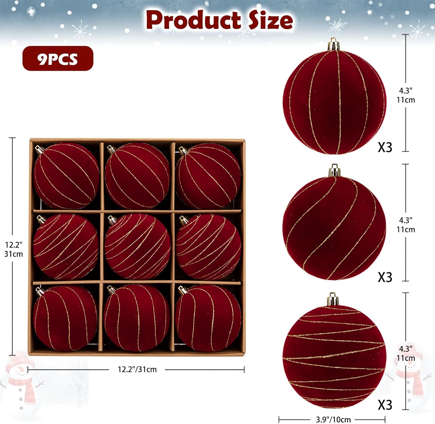 Briful 4'' Velvet Flocked Christmas Ball Ornaments – 9 pcs Burgundy Xmas Balls Baubles, Mix of Painted & Gold-Edge Solid Shades – Shatterproof Velvet Ornaments for Christmas Tree & Holiday Decor - Image 3