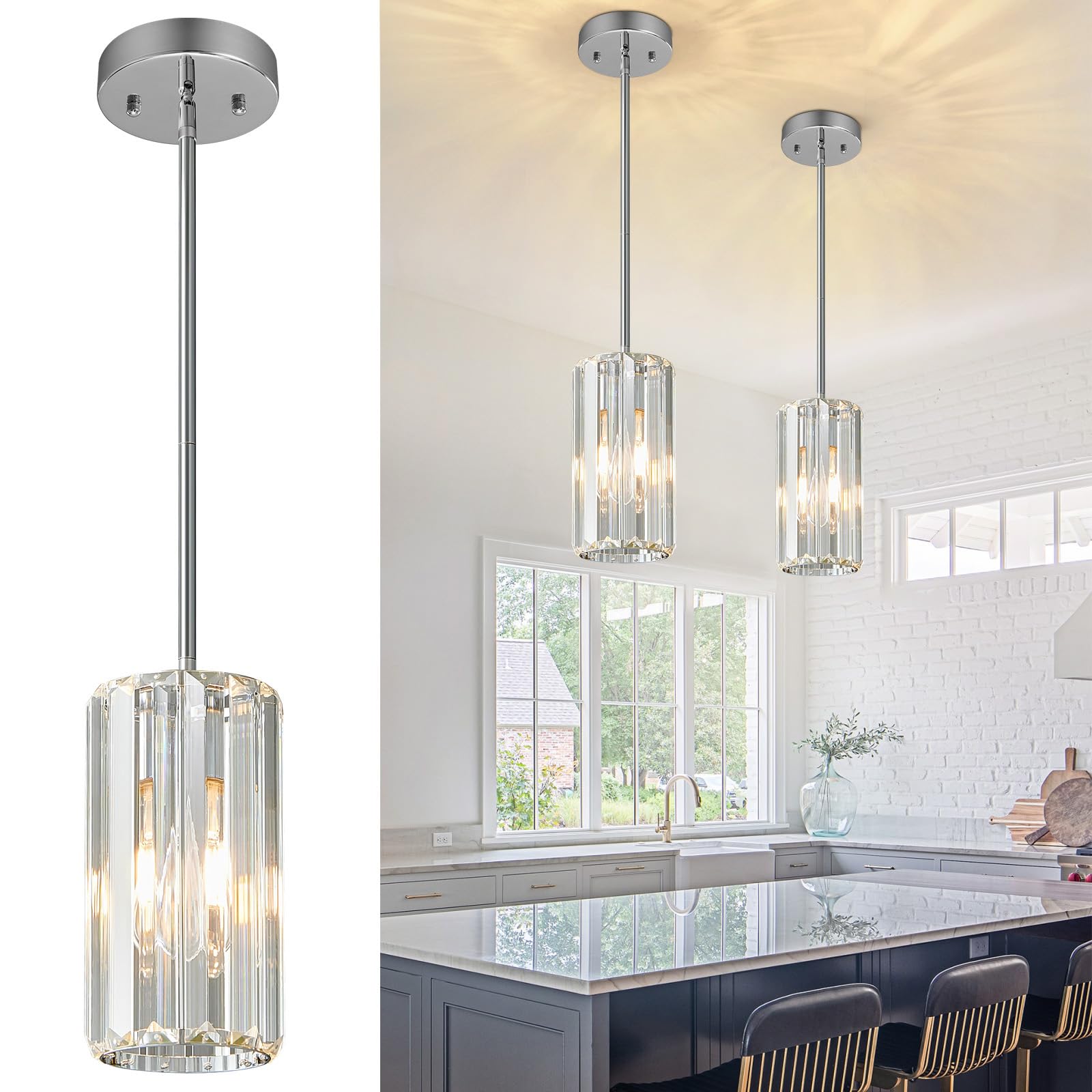 Chrome Pendant Lighting Modern Pendant Light Mini Crystal Chandeliers Adjustable Pendant Light Fixture for Kitchen Island Dinning Room Corridor Bedroom(Chorme 2-Pack)