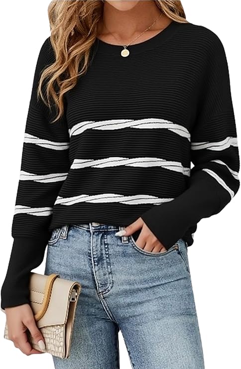 ECOWISH Women's Long Sleeve Crewneck Striped Sweater - Fall 2025 Trendy Casual Knitwear for Office & Daily Wear