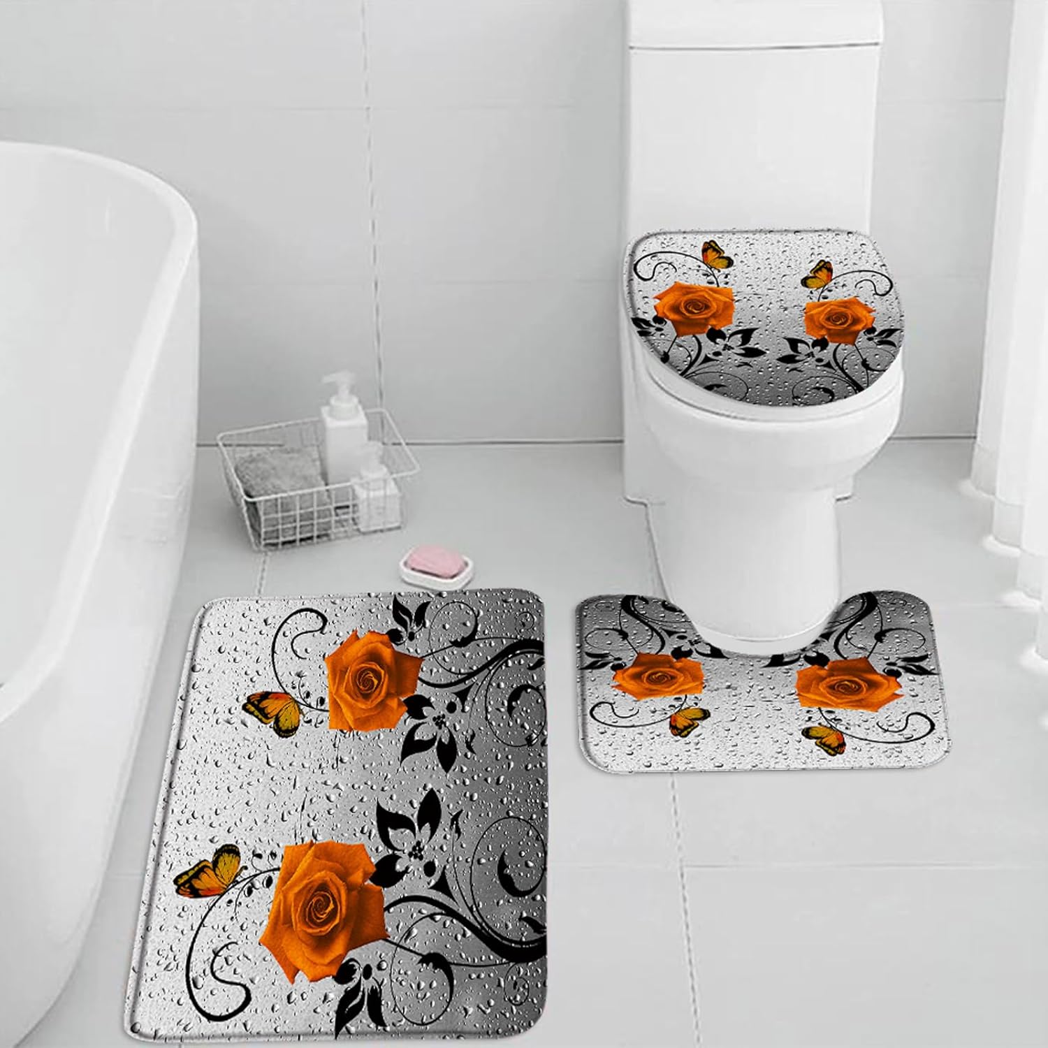 3 Pieces Set Orange Rose Flower Butterfly Bath Mat Rustic Floral Plant Gray Modern Realistic Water Drop Creative Abstract Bathroom Rugs Toilet Lid Cover Pedestal Rug U-Shaped Non-Slip Carpet