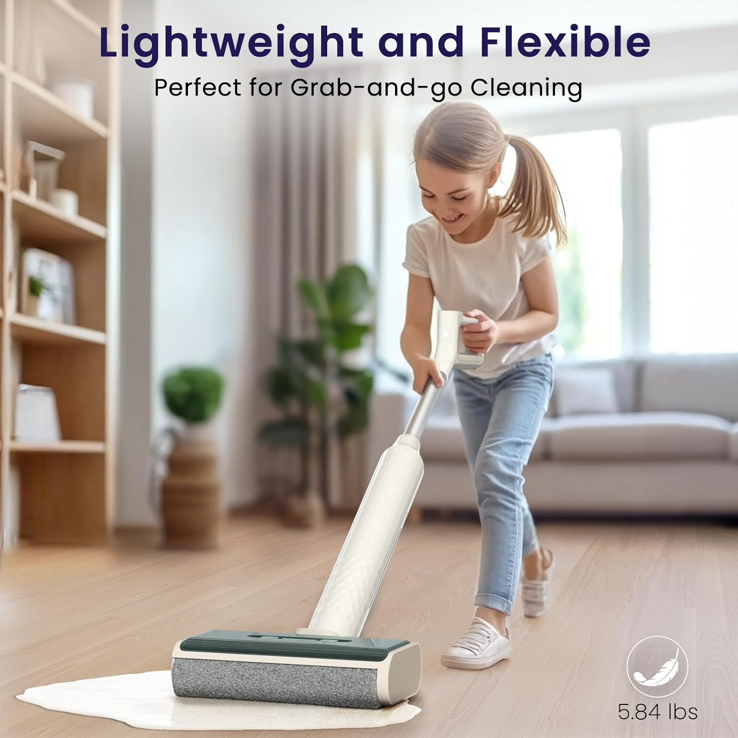 Child cheerfully uses the Lefant LS100 to clean a spill.