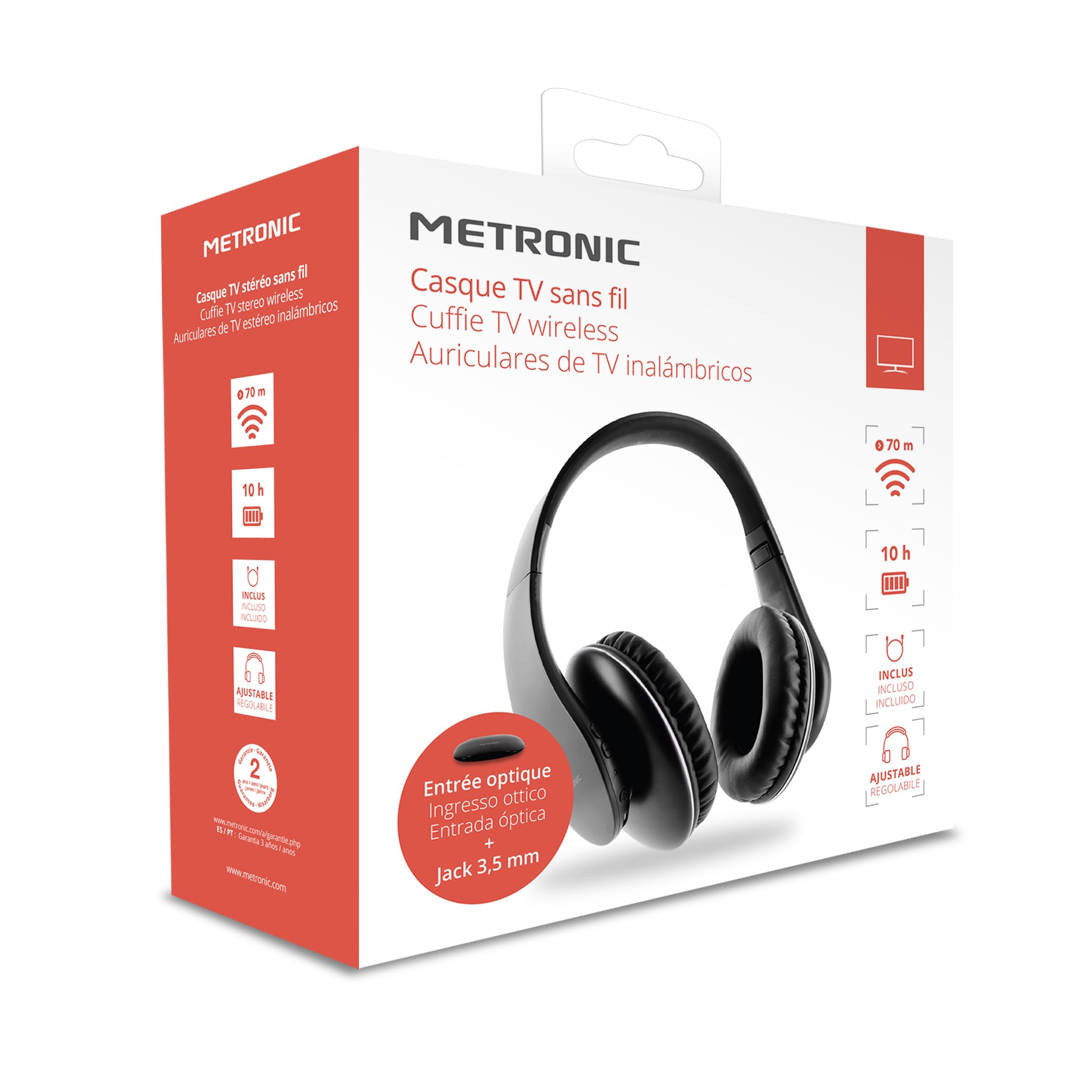 METRONIC Casque TV Stéréo sans Fil, Entrée Optique Numérique, Léger et Ergonomique, Réglage du Volume sur Casque - 480200