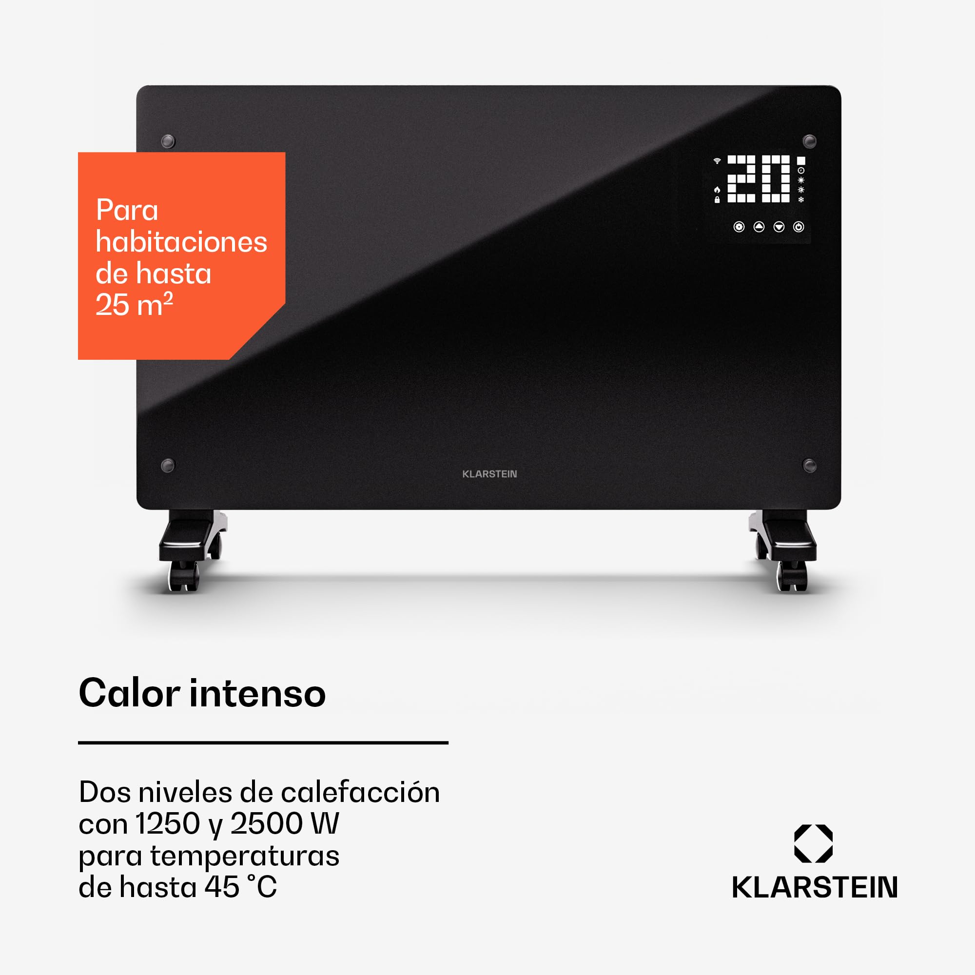 Klarstein Radiador Electrico Bajo Consumo, Estufa Pared 2500W con Ruedas, Radiadores Bajo Consumo Electricos para Pared o dejar de Pie, Fácil de Transportar, Calefacción Eléctrica