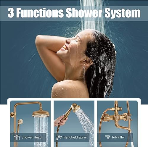 Miniatura 2 de Aolemi Juego de grifo de ducha expuesto de latón antiguo de 8 pulgadas, cabezal de lluvia de mano, boquilla de ducha de triple función, montaje en