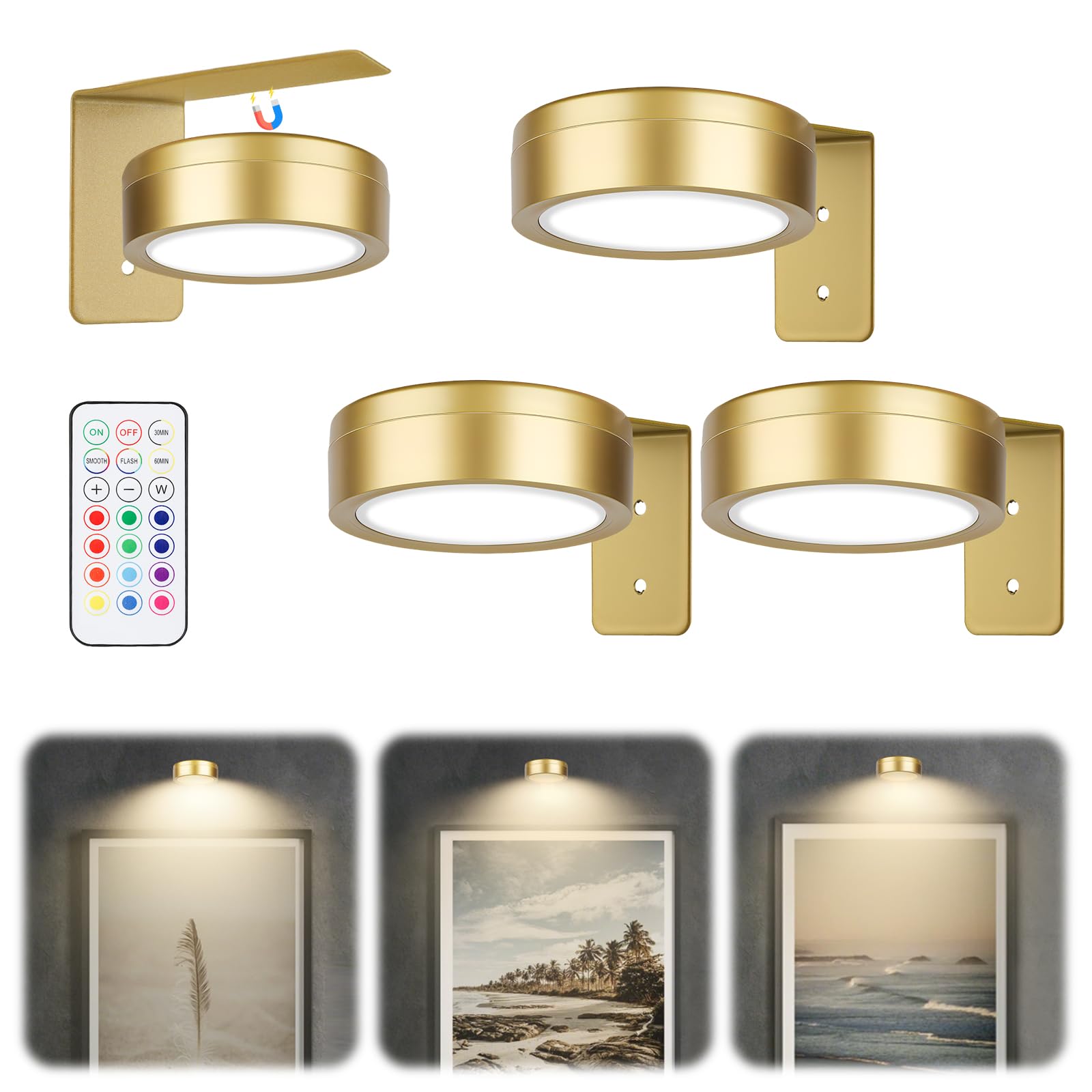 Applique murale pour tableaux sans fil – Lot de 3 appliques LED à piles pour œuvres d'art, éclairage magnétique pour tableaux sans fil avec 13 couleurs RGB et fonction de réglage de la luminosité