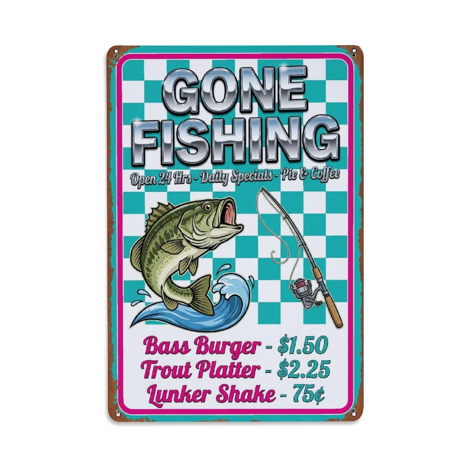 Gone Fishing Fishing Expert Vintage Metal Tin Sign Plaque Wall Decor for Cafe, Club, Garden Metal Poster 8x12Inch
