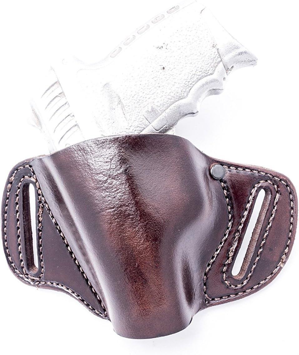 OUTBAGS USA LP3PM45 (Brown-Left) Full Grain Heavy Leather OWB Open Carry Pancake, Side Carry Belt Holster for Kahr PM45 .45ACP. Handcrafted in USA.