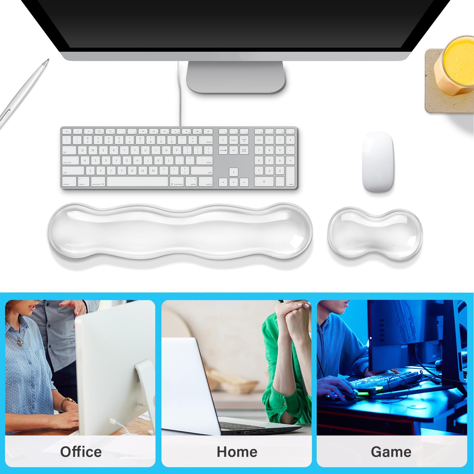 MOSISO Gel Répresseur Poignet Clavier&Souris, Gel Réfrigérant Doux Support Anti-Douleur, Doussin Ergonomique Saisie Facile, Forme Onde Non Glissante pour Ordinateur Portable/Maison/Bureau,Transparent