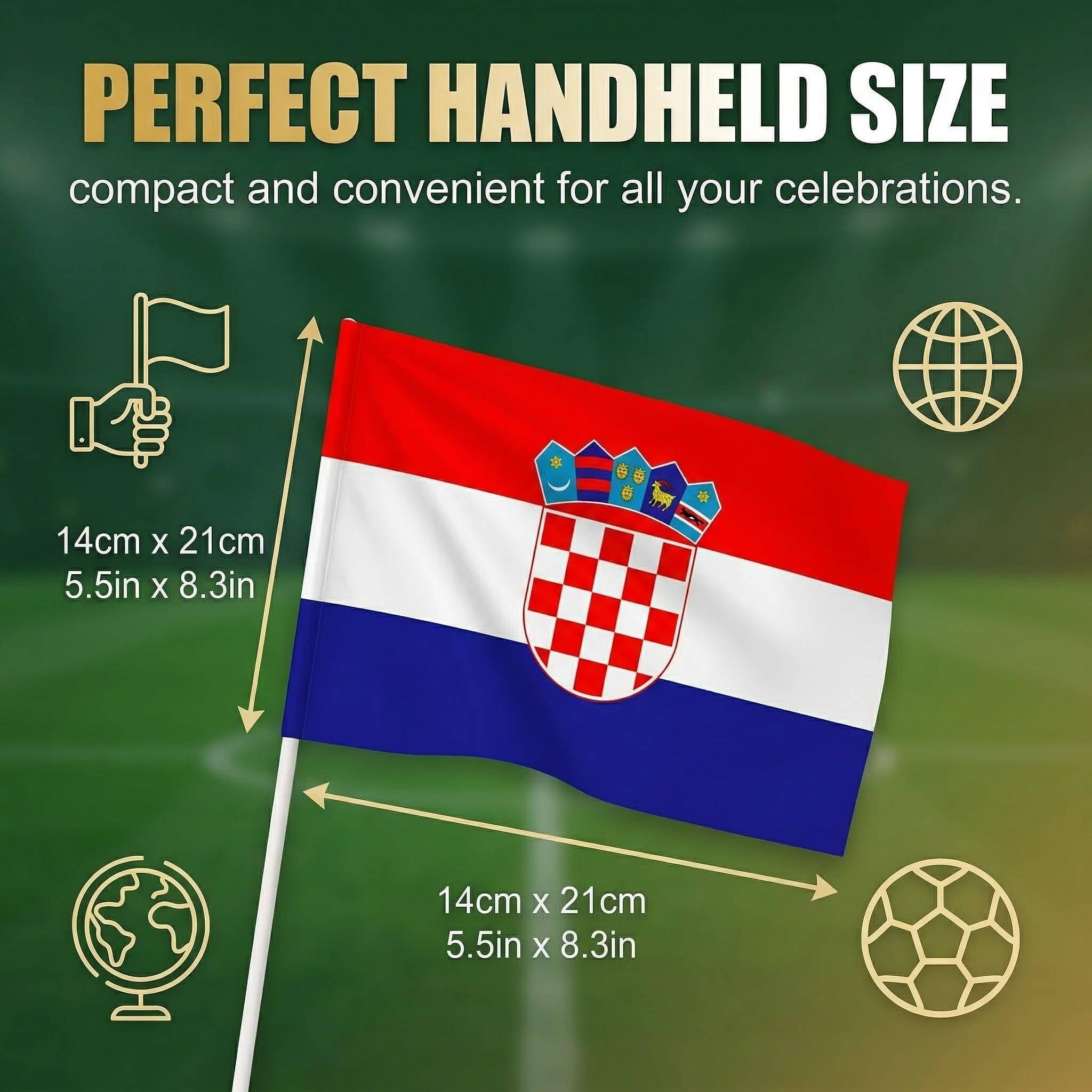 Bandera de Mano 2026 Copa del Mundo Fútbol, 8 Países 30cm Palo, Doble Cara Decoración Mundial