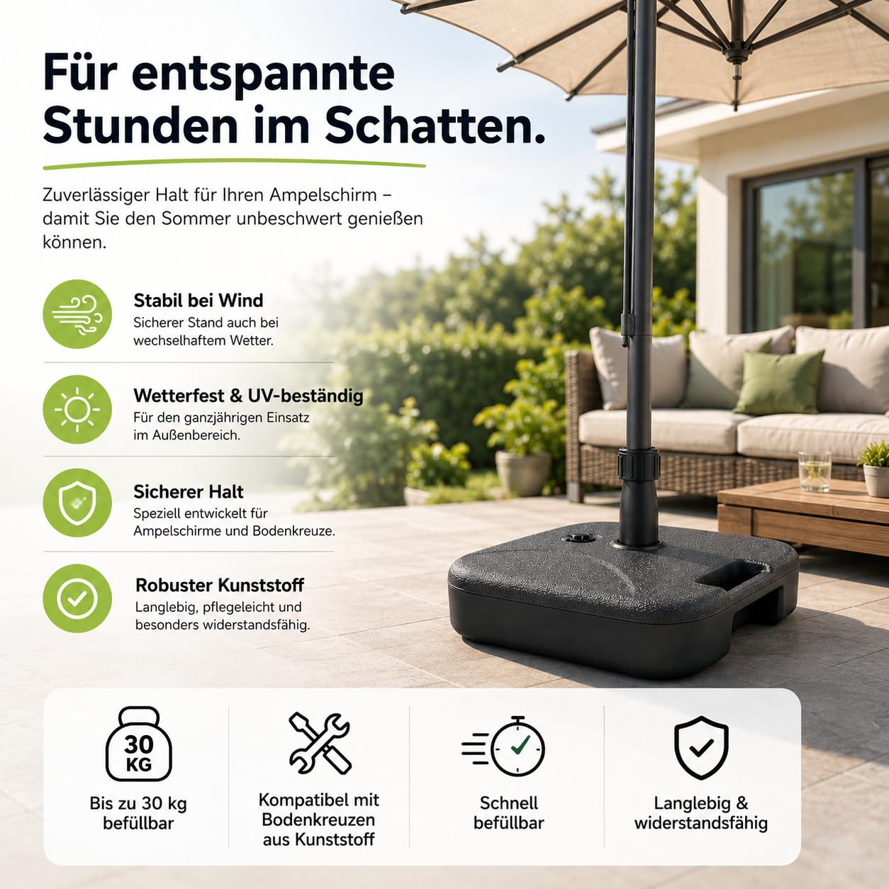 Sonnenschirmständer für Ampelschirme – Schirmgewichte zum Befüllen für Bodenkreuze aus Kunststoff – Schirmständer Sonnenschirm Ampelschirmständer (Einteilig bis 30 kg, Kunststoff)