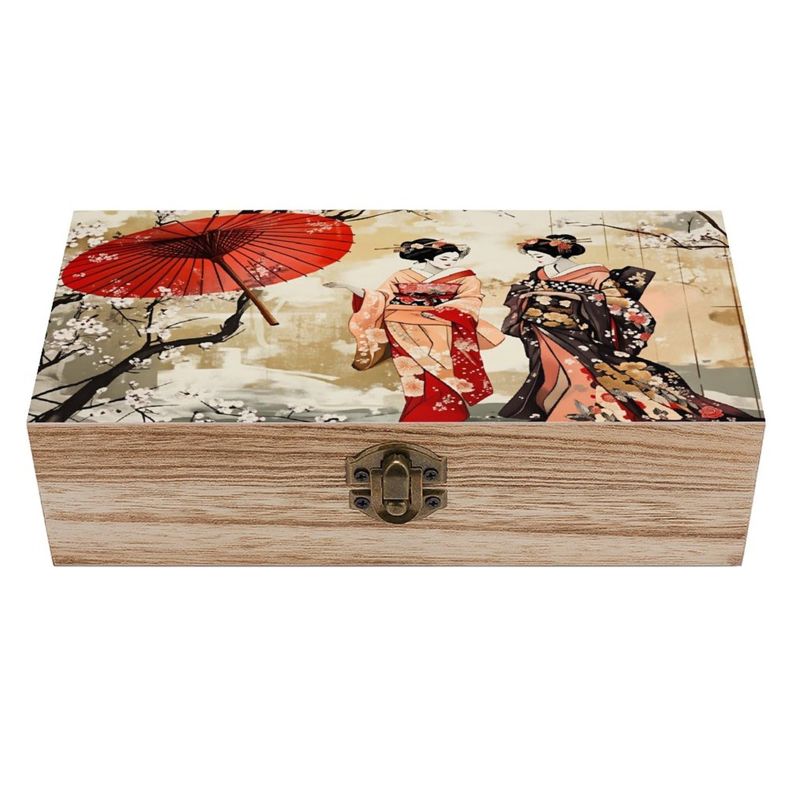 HLBSDM Cherry Blossom Kimono Vintage Wooden Keepsake Box with Hinged Lid And Locking Clasp, Decorative Storage Box for Jewelry, Trinkets And Small Accessories, Organizer for Home Or Wedding