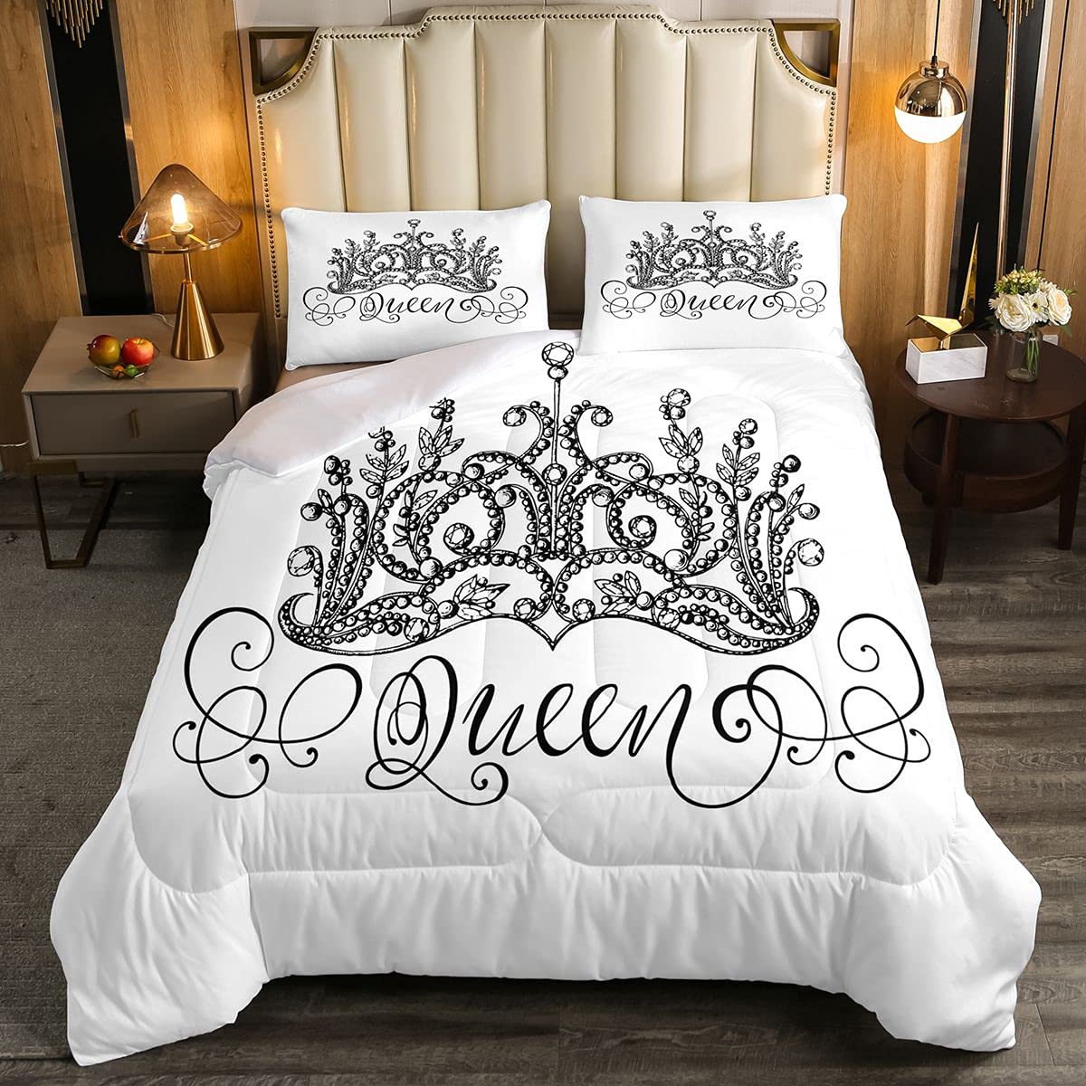Loussiesd Queen Soft Duvet Kids Hand Drawn Crown with Queen Lettering Baroque Style Bedding Set Black and White with 2 Pillowcases 3Pcs Bedding King — image 1