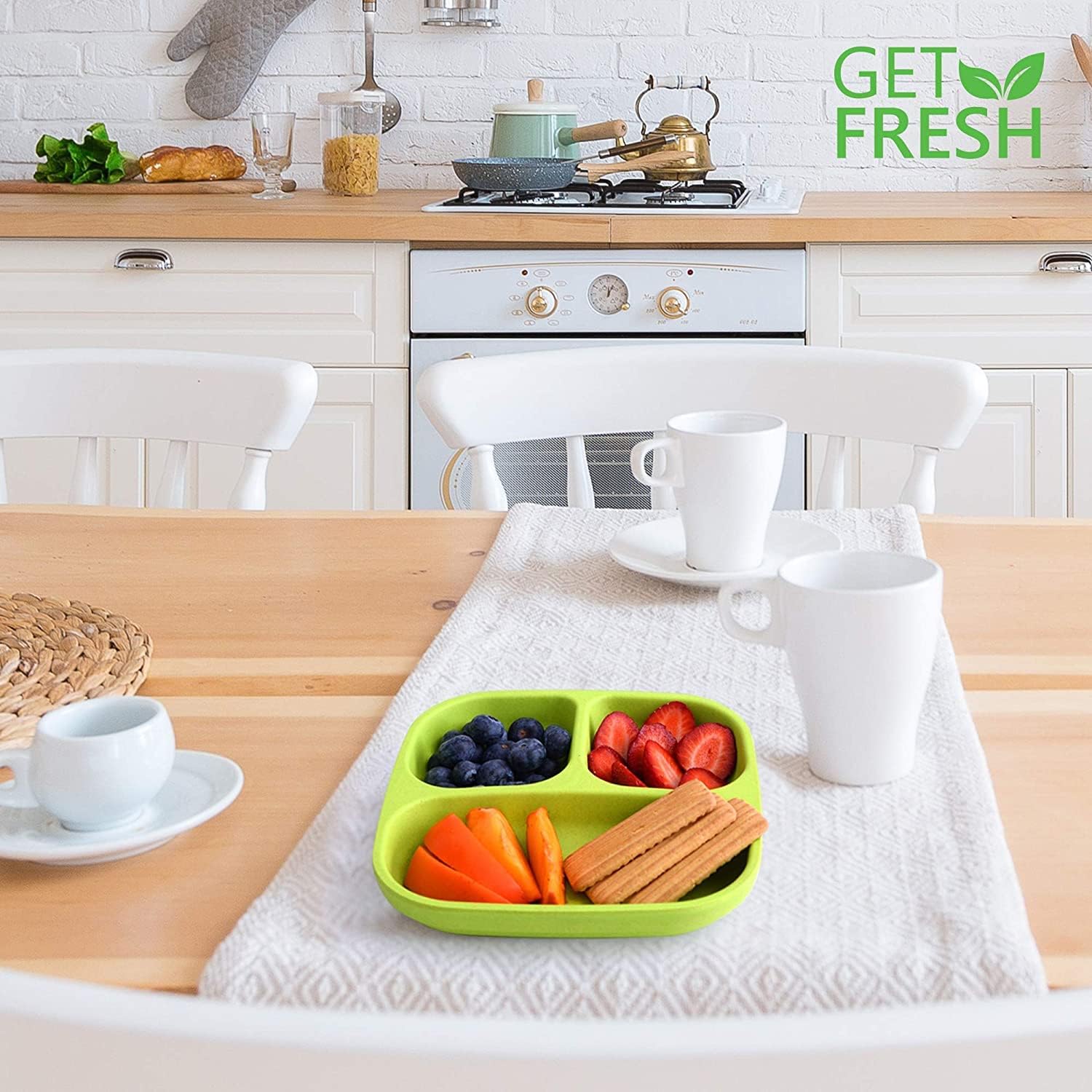 GET FRESH Kids Divided Plates Set – 2-pack Melamine-Free Sectioned Plates for Kids and Toddlers – Stackable BPA-free Childrens Dinnerware Divider Plates – Reusable 3 Compartment Kids Plates