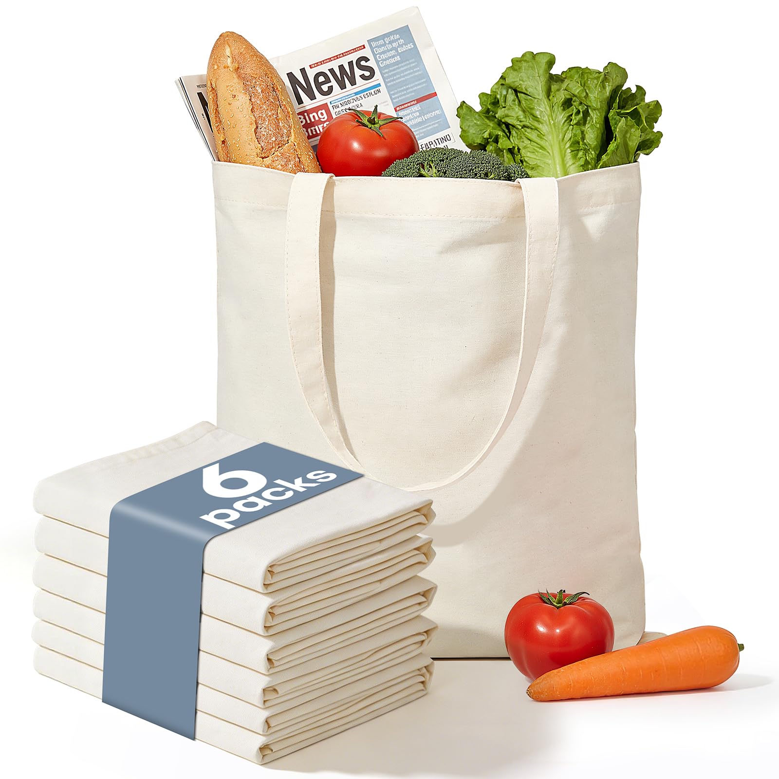 HOTOR 6 Pack DIY Canvas Tote Bag – Plain Lightweight Reusable Grocery Bags, Easy to Carry for Gift, Shopping, Work, 15.7" x 13", Beige