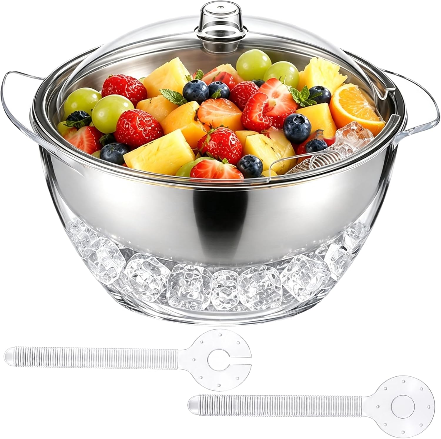 4.5 QT Chilled Serving Bowl with Ice Chiller Base and Lid, 2 Servers