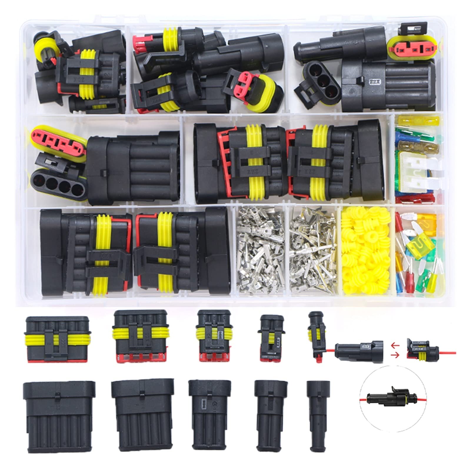 Hengliang Store 352/708 sztuk Terminales Eléctricos Concentees Eléctricos Drut Connecteur Wodoodporny 2/3/4 PIN 26 Zestawy Złącze 12a(240pcs)