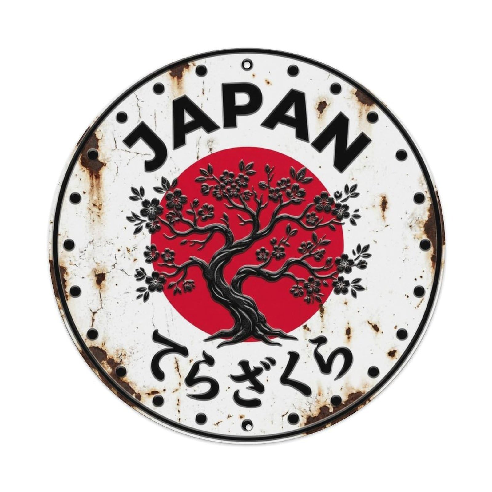Temple Cherry Japan Sacred Blossom Tree Aged Metal Tin Sign