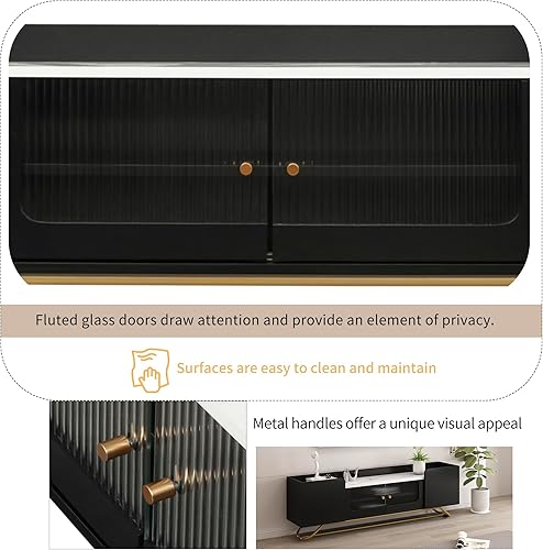 Miniatura 4 de LUMISOL Soporte de TV moderno Mid-Century para TV de 65 pulgadas, centro de entretenimiento con puertas de vidrio estriado, consola de TV superior