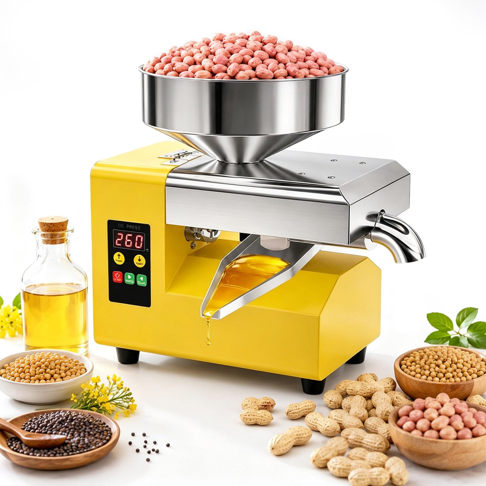Prensa De Aceite En Frío 1500 W, Temperatura Ajustable 104–572 ℉ | Control De Temperatura Para Prensado Suave O Extracción Más Caliente, Con Aroma Intenso Y Liberación De Aceite Más Fácil