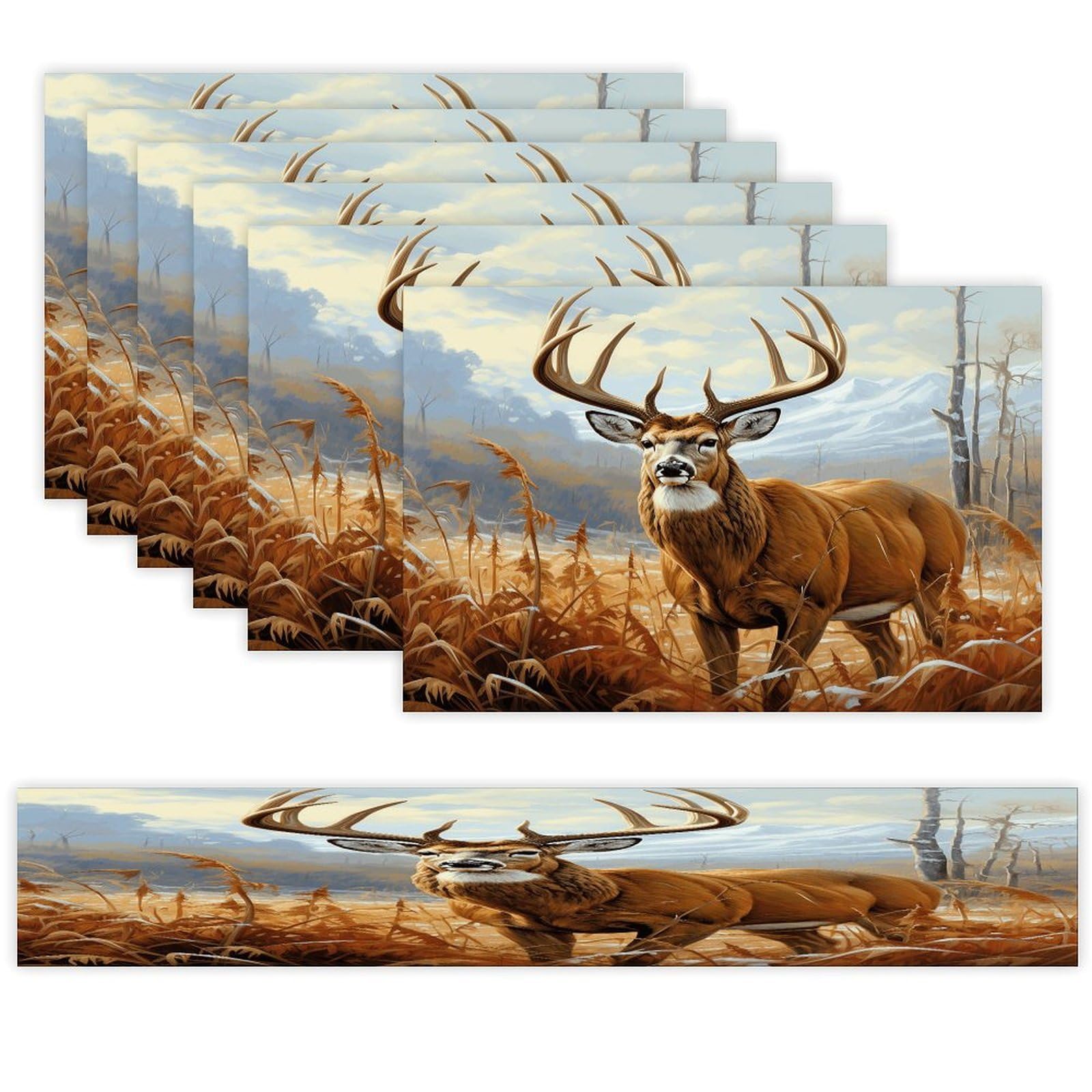 Buck Deer Table Runner and Placemats of 6 Washable Heat Resistant Place Mats with Table Runner Vintage Holiday Table Mat Set for Holiday Party Kitchen Dining Deco