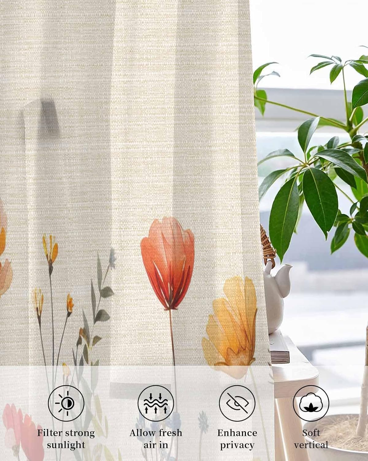 Wildflowers Rustic Sheer Curtains 45 Inch Length 2 Panels Set, Grommet Kitchen Curtains Sheer Window Curtain for Living Room Bedroom Light & Airy Privacy Drapes Spring Floral Daisy Summer