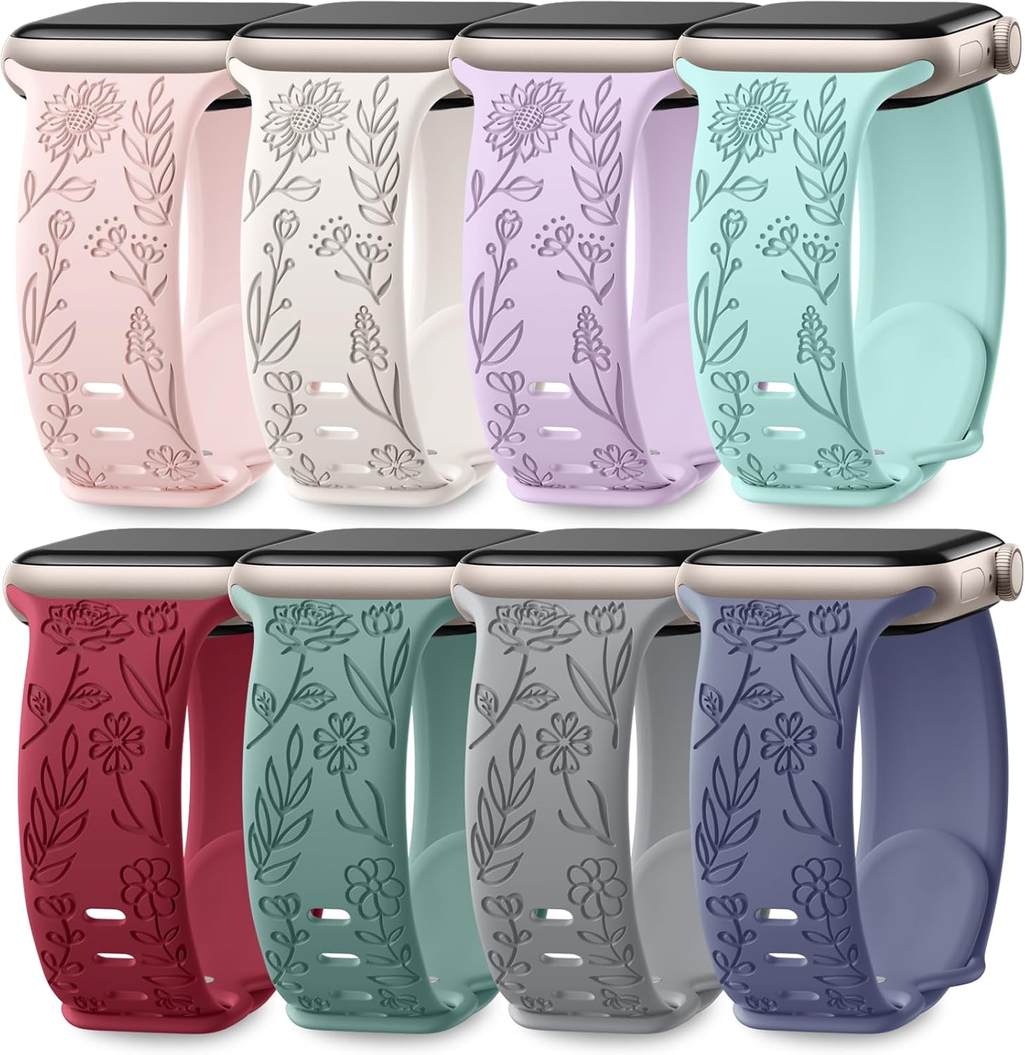 Easuny 8 Pack Bands for Women Compatible with Apple Watch 40mm 41mm 38mm 42mm 44mm 45mm 46mm 49mm iWatch Series 11 10 9 8 7 6 5 4 3 Ultra SE 3 SE 2nd, Soft Silicone Floral Engraved Dressy Wrist Straps