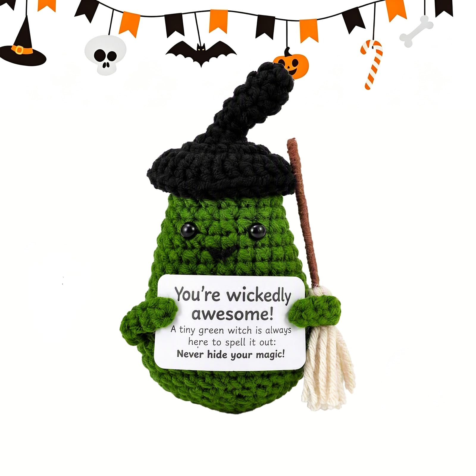 Halloween Funny Witch Crochet Doll, Emotional Positive Crochet Witch Decor