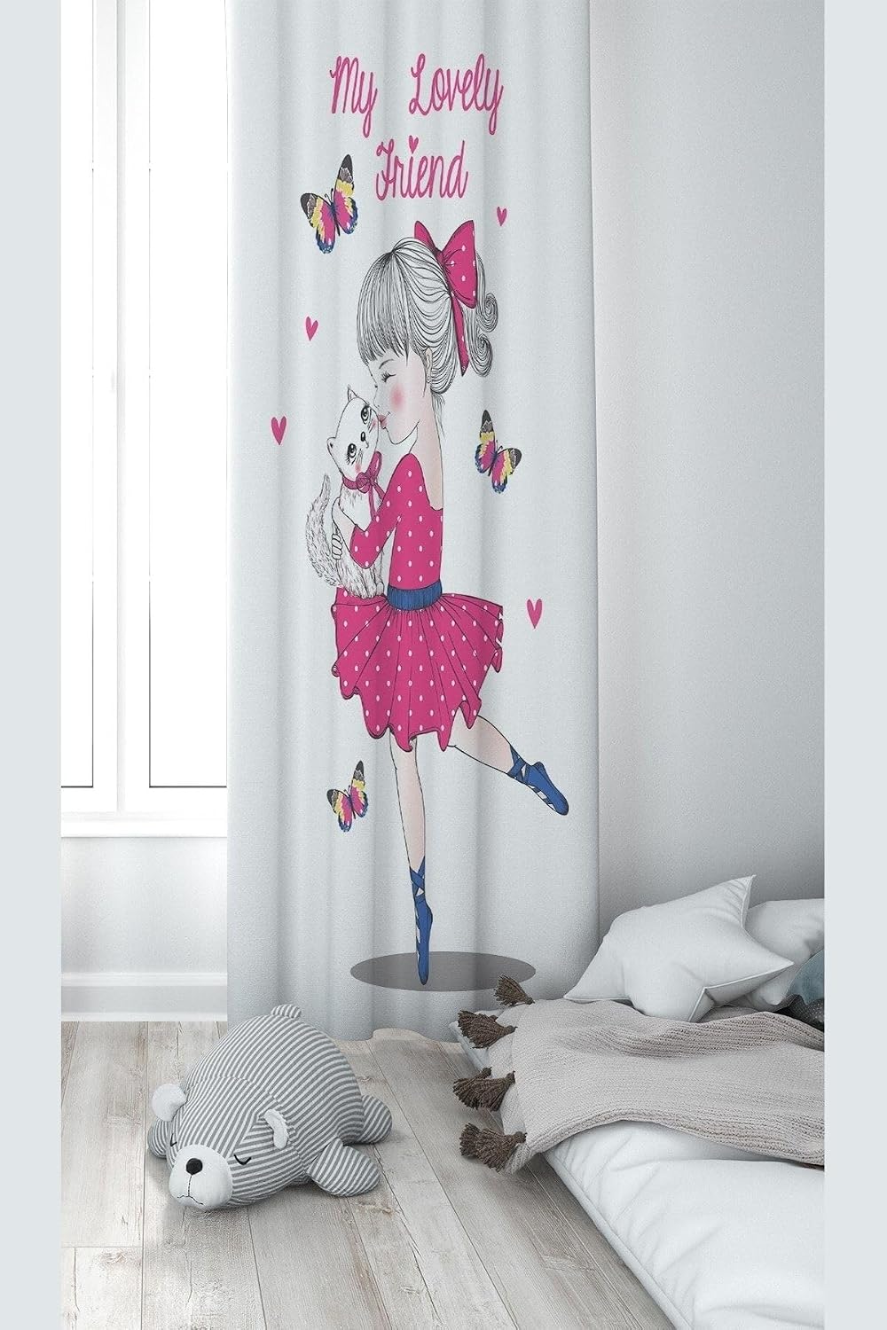 Pelangi Beyaz Kedi Seven Kız Desenli Dijital Baskı Yıkanabilir Bebek Çocuk Odası Fon Perdesi, beyaz-fuşya 70 x 200