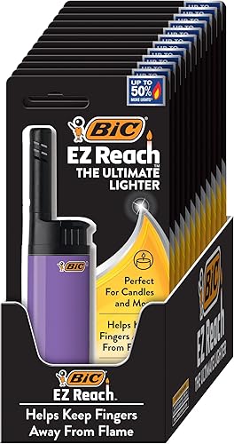 BIC EZ Reach - Encendedor de velas, el encendedor definitivo con varita para velas, diseños surtidos, paquete de 12 unidades de encendedores