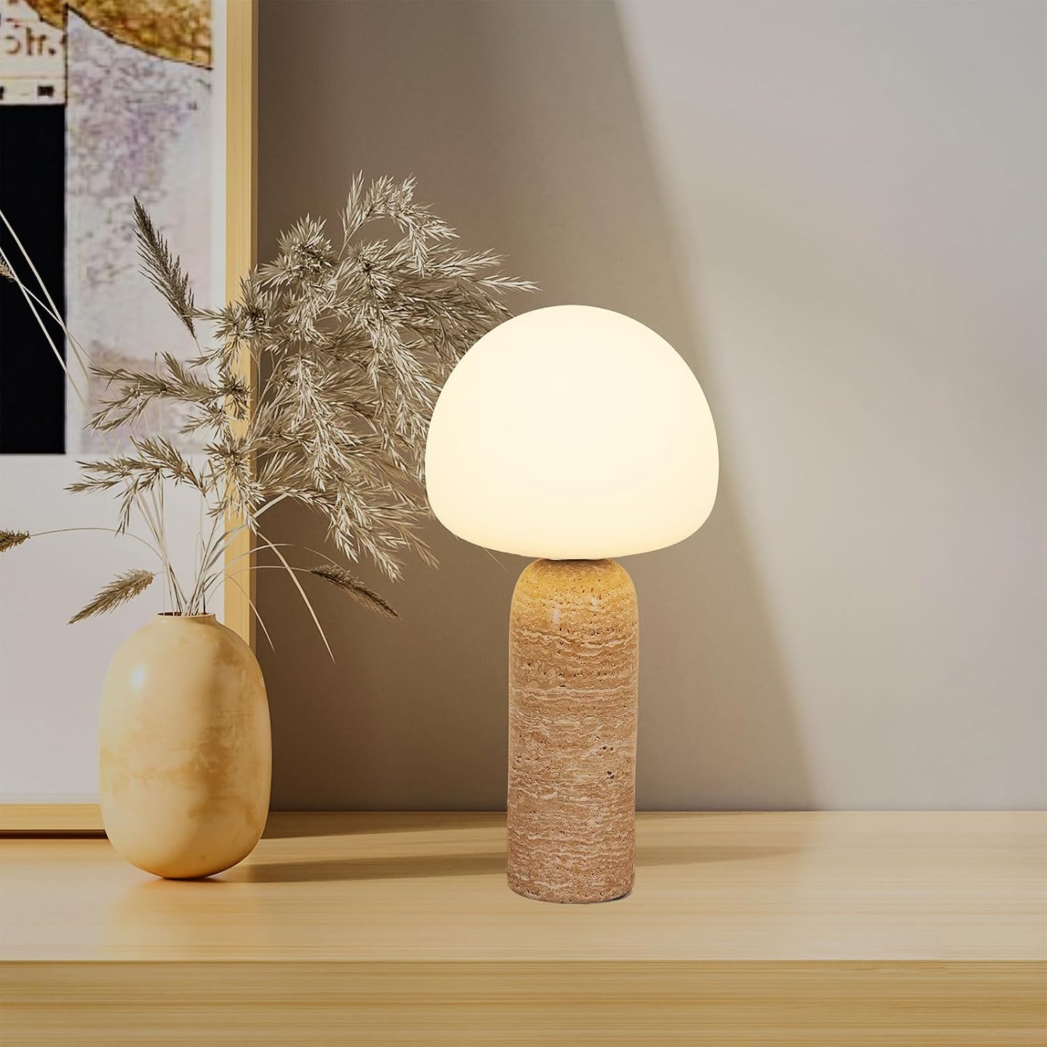 Skyblaze Modern Marble Table Lamp with Frosted Glass Shade, Cute Glass Globe Night Light, Natural Yellow Travertine Desk Lamp for Bedroom Living Room (Beige)