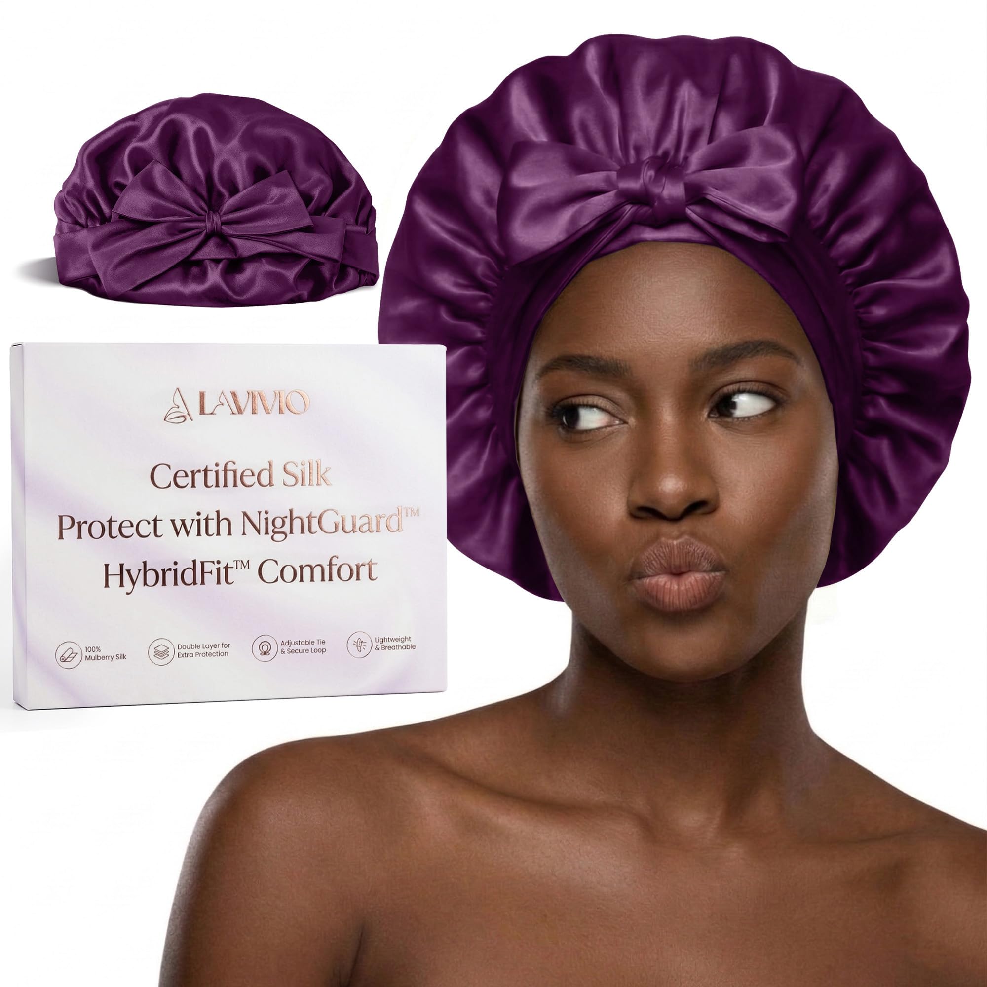 LAVIVIO 100% Mulberry Silk Bonnet – Double-Layered 22 Momme Silk Hair Wrap – Adjustable Non-Slip Tie – Helps Maintain Hair Smoothness & Manageability