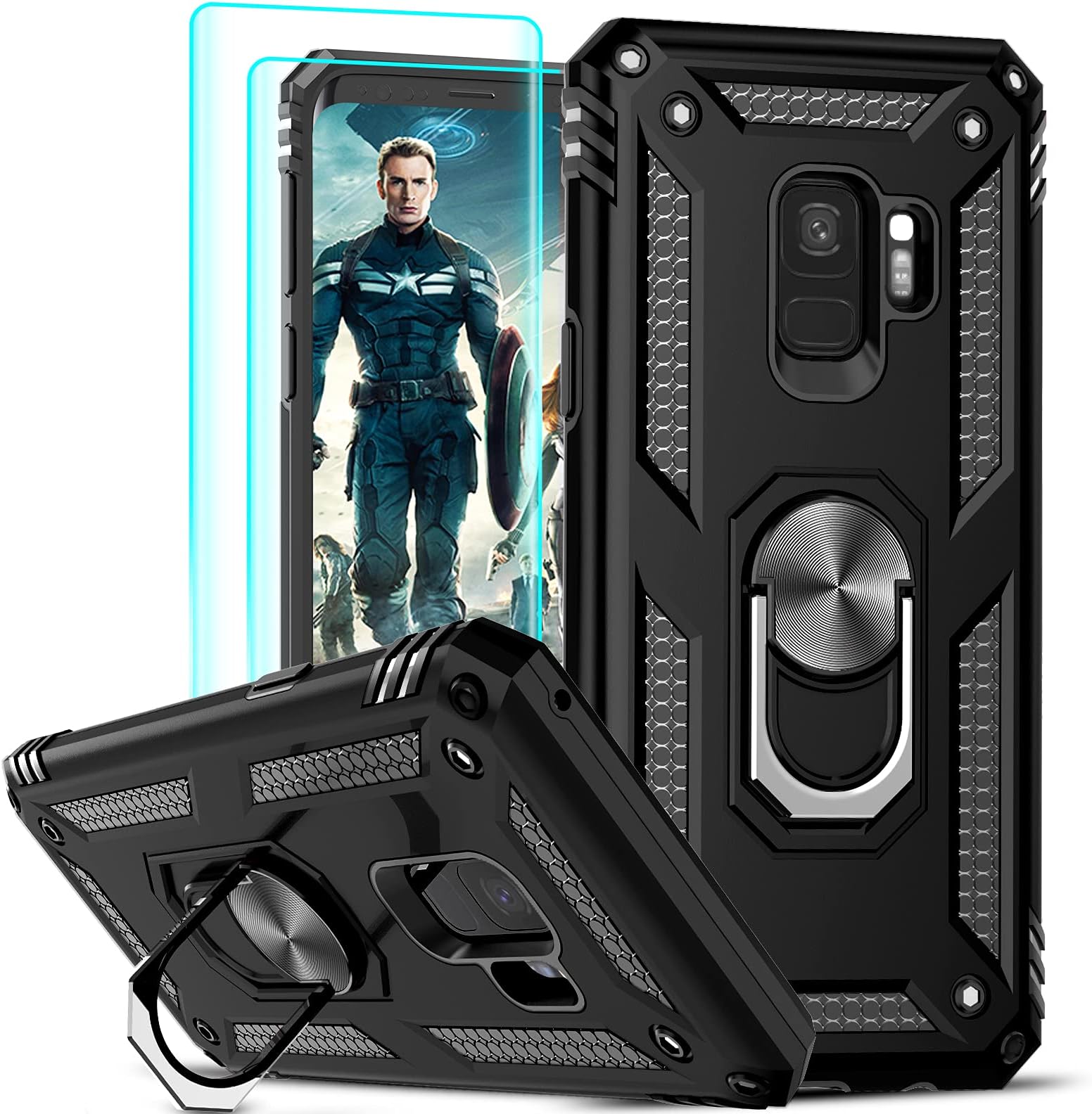 LeYi Galaxy S9 Phone Case Android Phone Cases Cover Black | with 2 PCS Soft Screen Protector, Military-Grade Protective, Metal Ring Kickstand