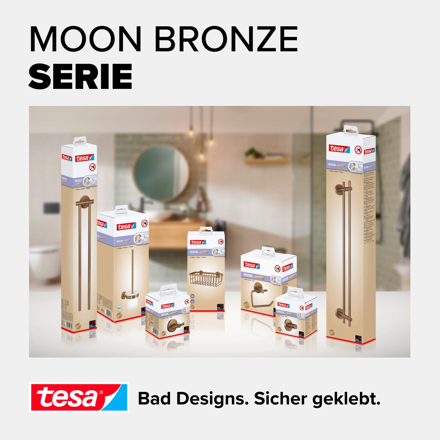 tesa Moon Bronze Toilettenpapierhalter in gebürsteter Bronze - Selbstklebender Rollenhalter ohne Deckel, aus PVD-beschichtetem Metall - ohne Bohren, inkl. Klebelösung - 140mm x 99mm x 53mm